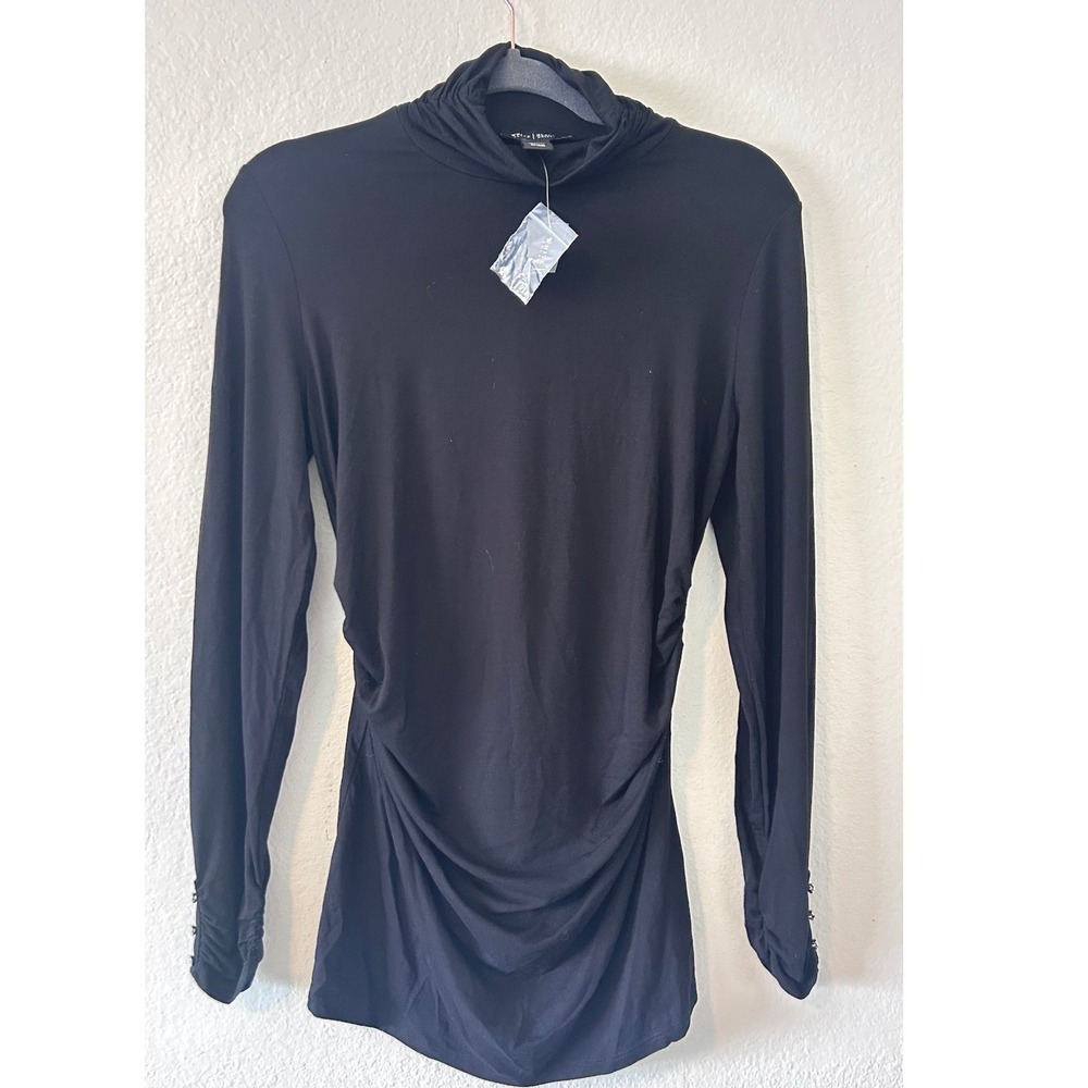 White House Black Market Black Vampy Side Ruched Mock Neck‎ Long Sleeve Top SZ M